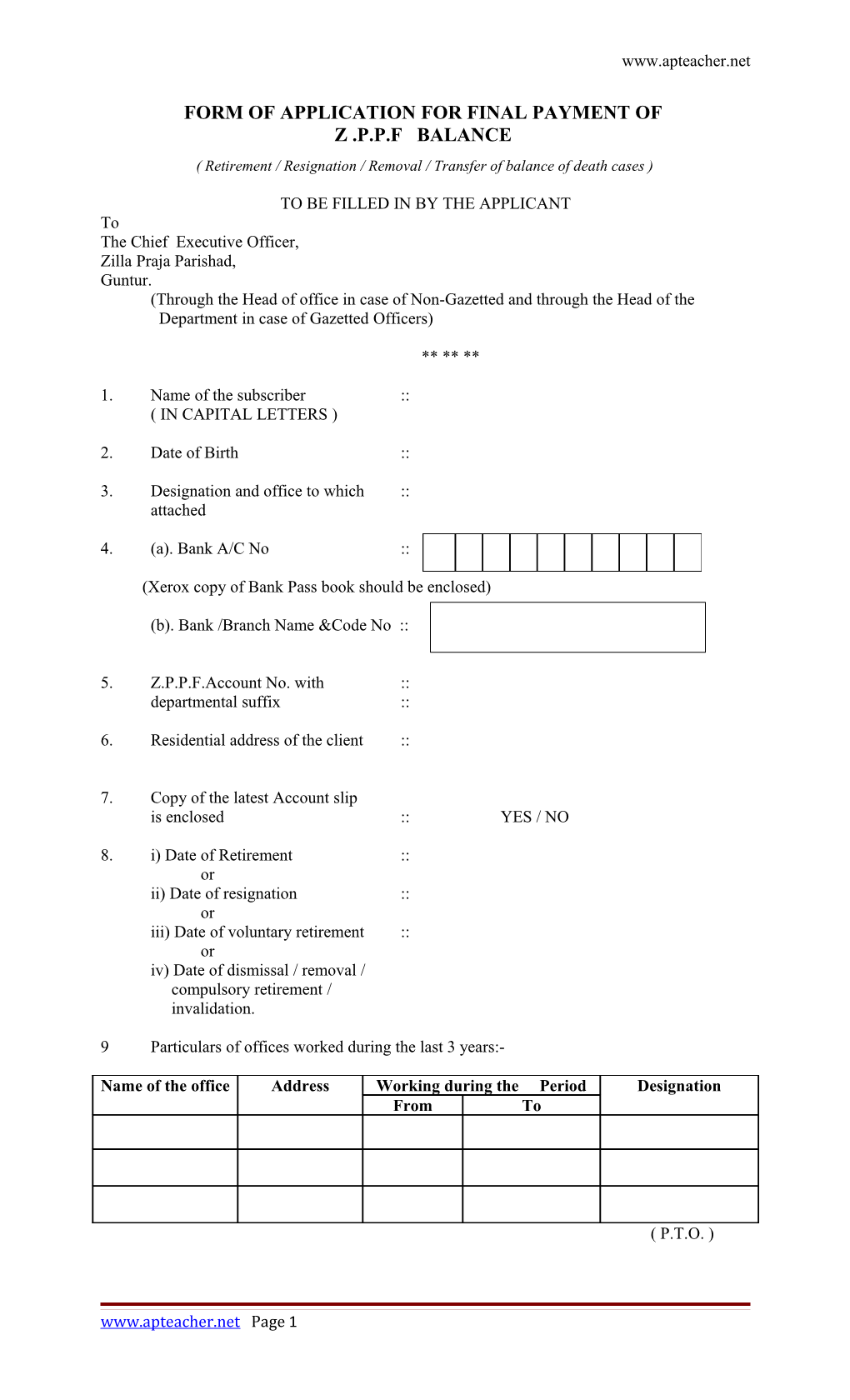 Form of Application for Final Payment Of