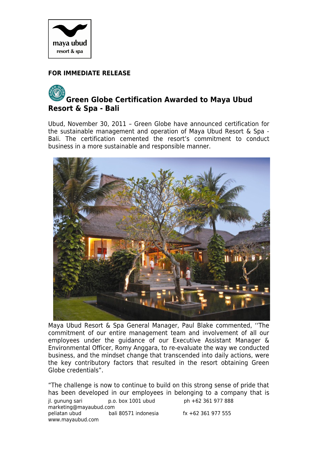 HUT Ke-10 Maya Ubud Resort & Spa Mengusung Konsep Tri Hita Karana