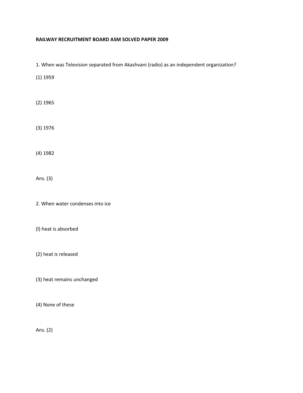 Railway Recruitment Board Asm Solved Paper 2009