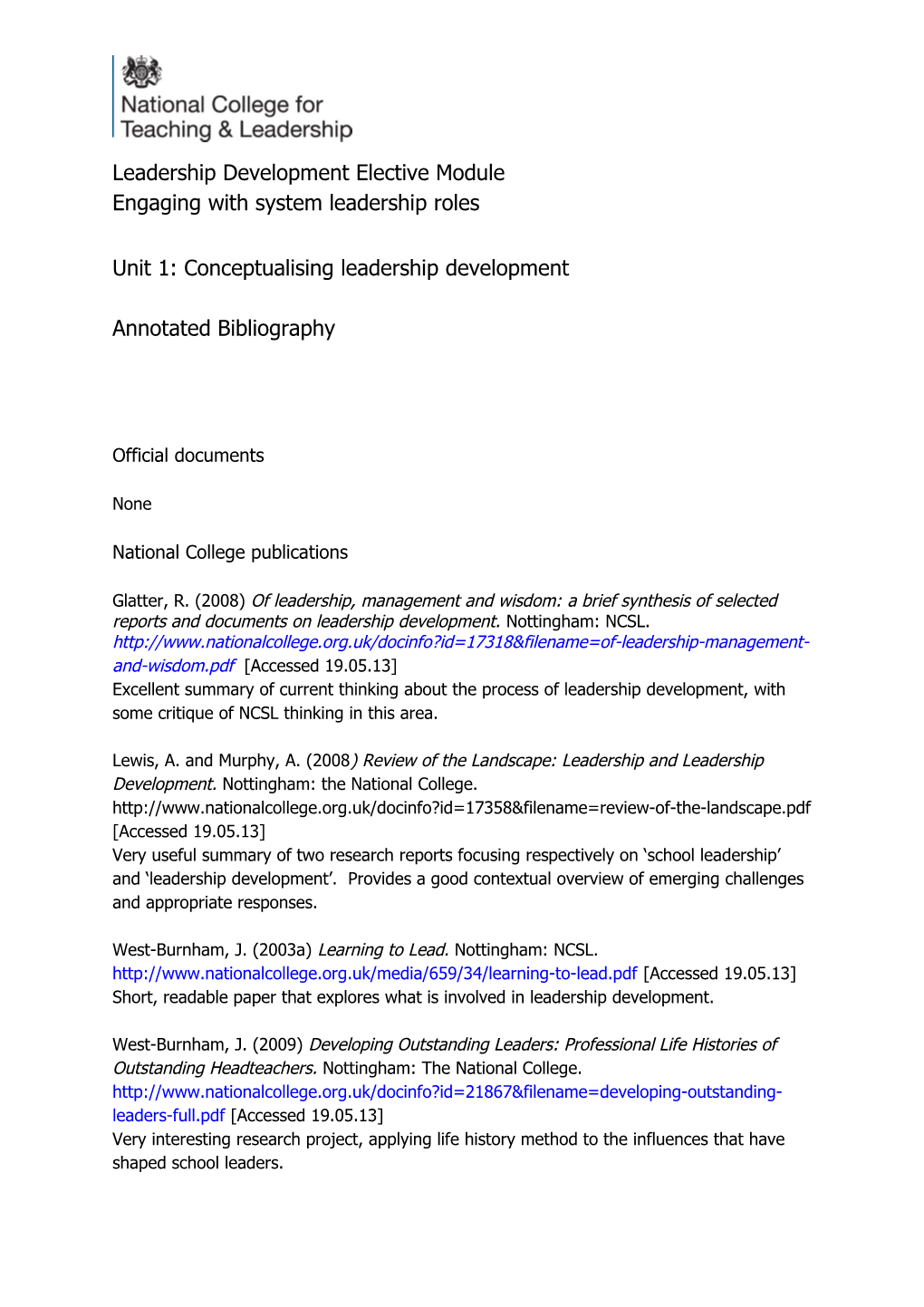 System Leader Elective Unit 1 Annotated Bibliography UPDATED 2013