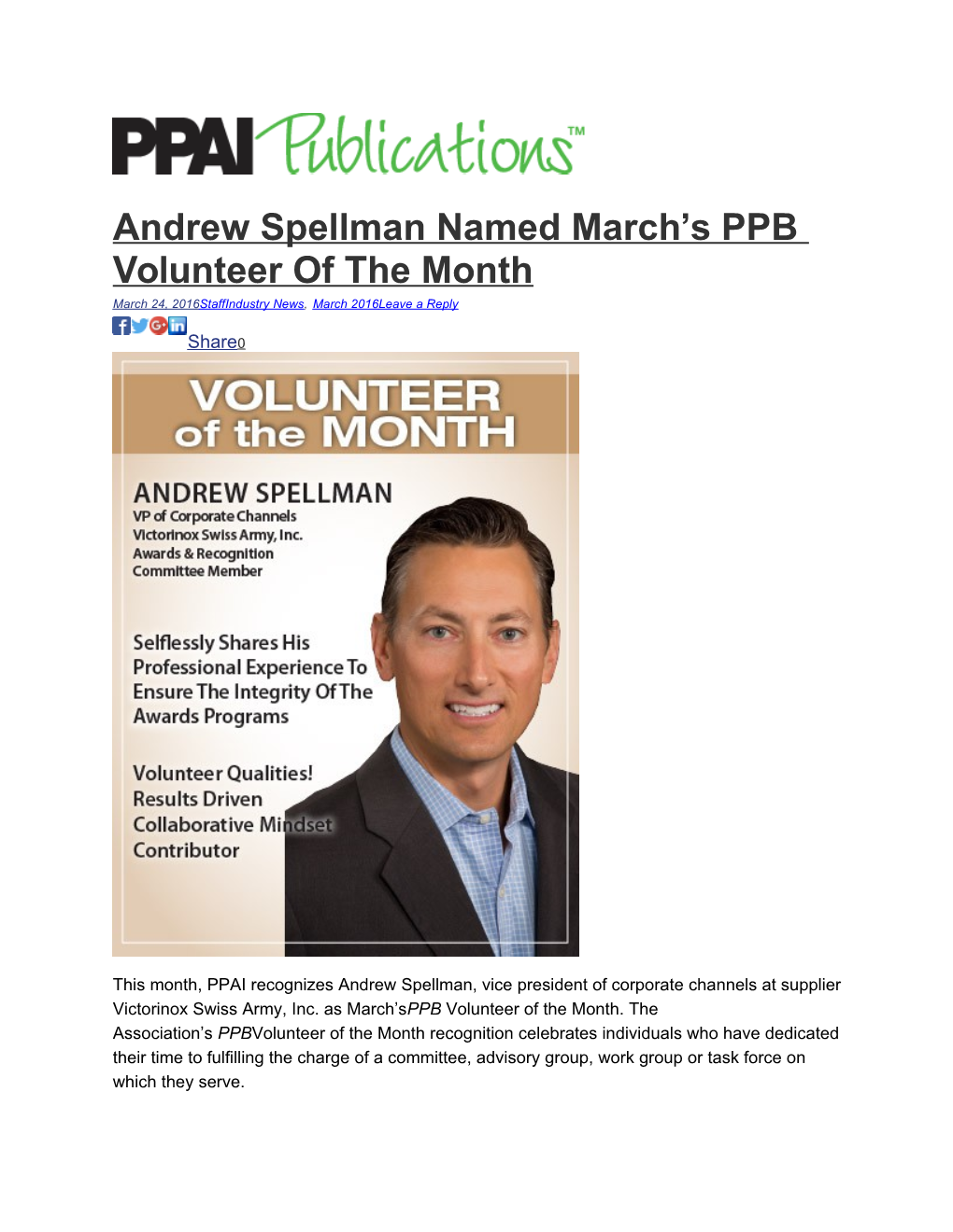 Andrew Spellman Named March S PPB Volunteer of the Month