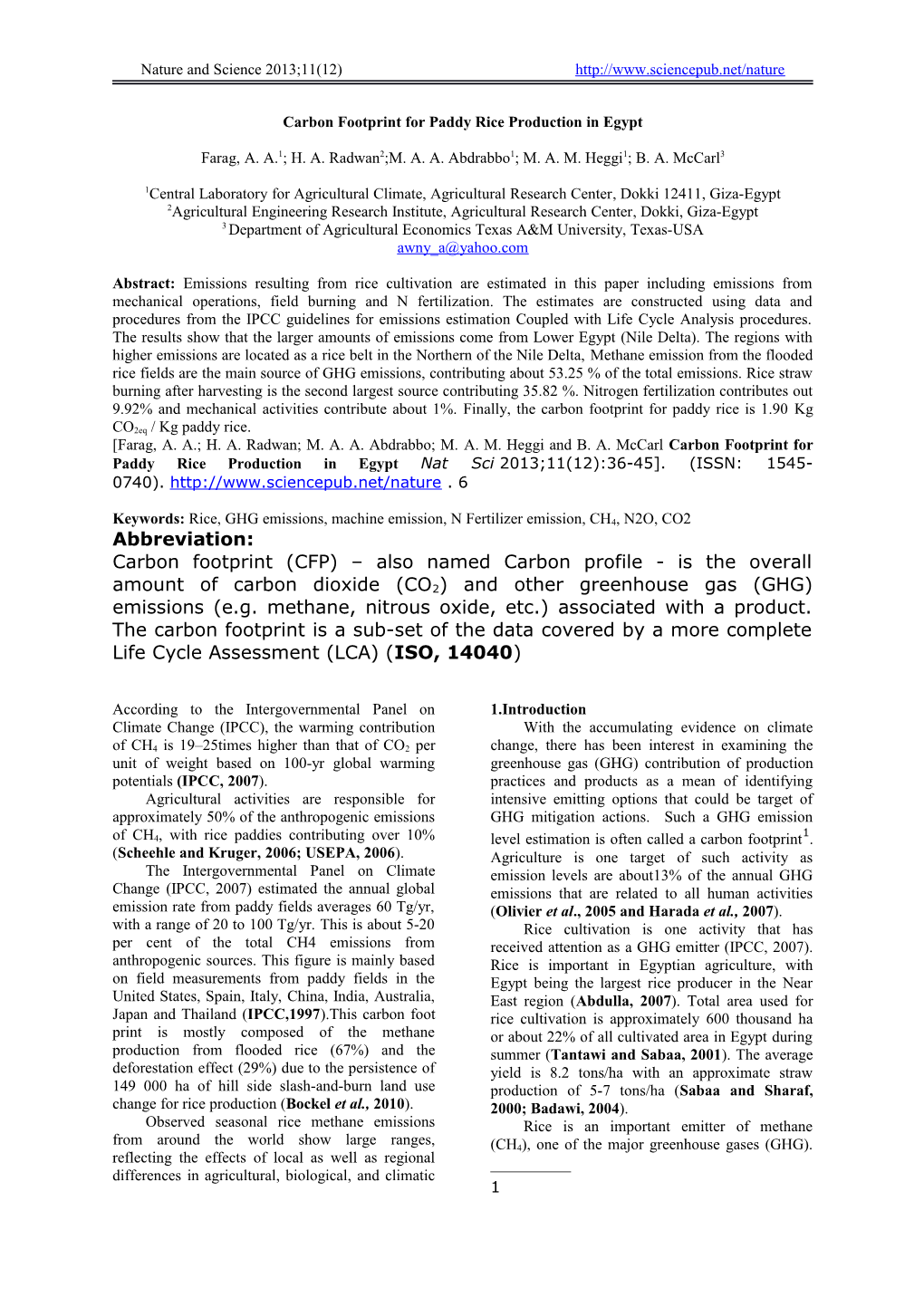 Inventory of the Greenhouse Gas Emissions from Rice in the Nile Delta by Using Emission Models