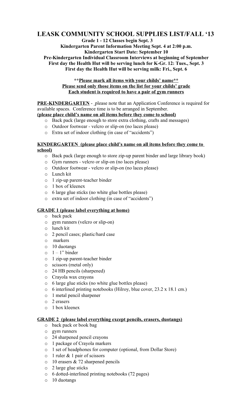 Leask Community School Supplies List/Fall 07