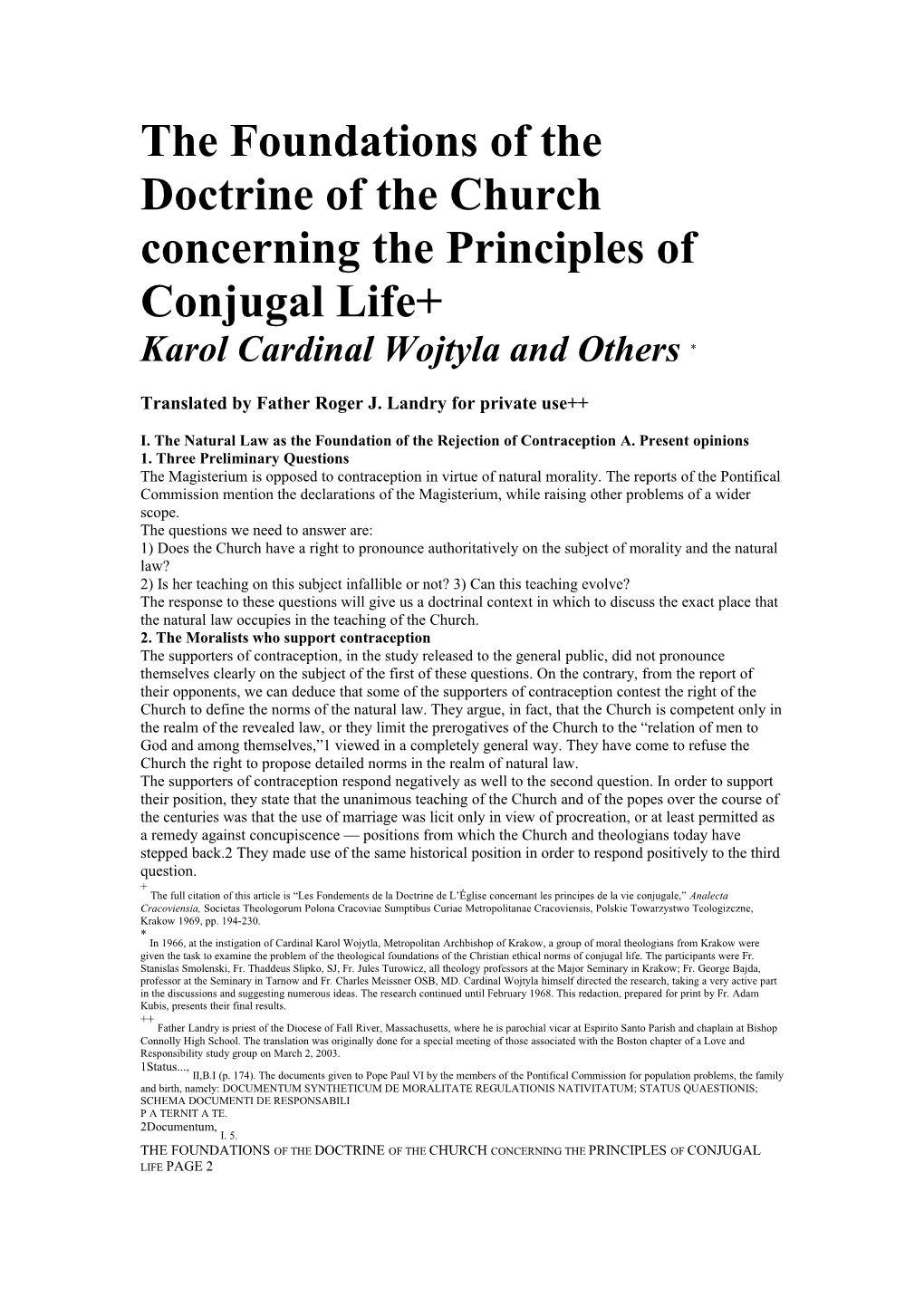 The Foundations of the Doctrine of the Church Concerning the Principles of Conjugal Life+