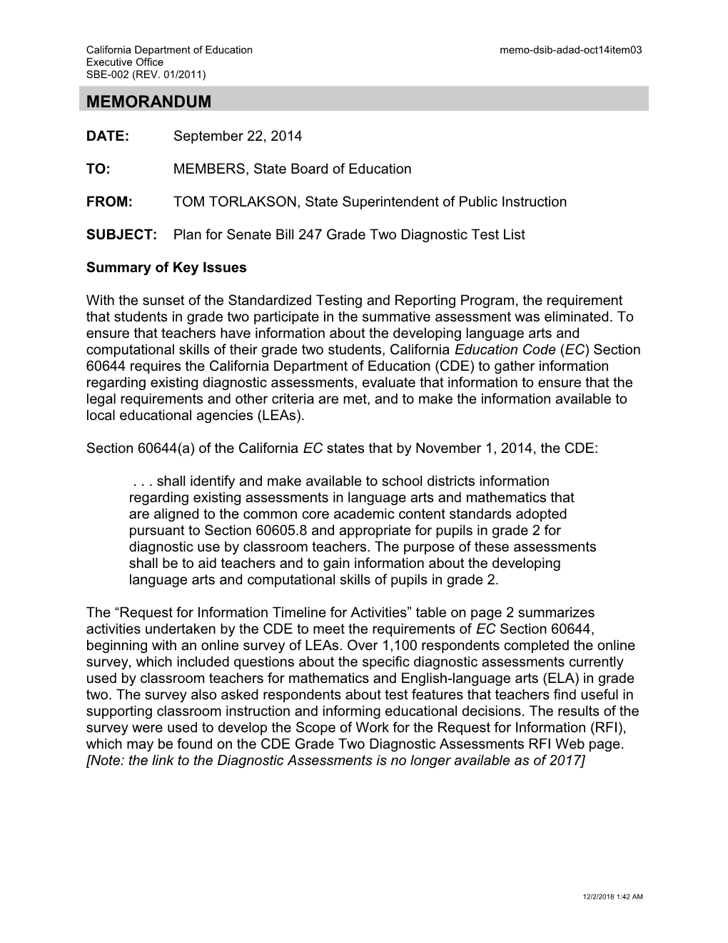 October 2014 DSIB ADAD Item 03 - Information Memorandum (CA State Board of Education)