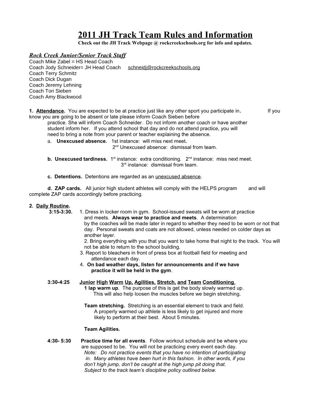 2006 Junior High Track Team Rules and Information