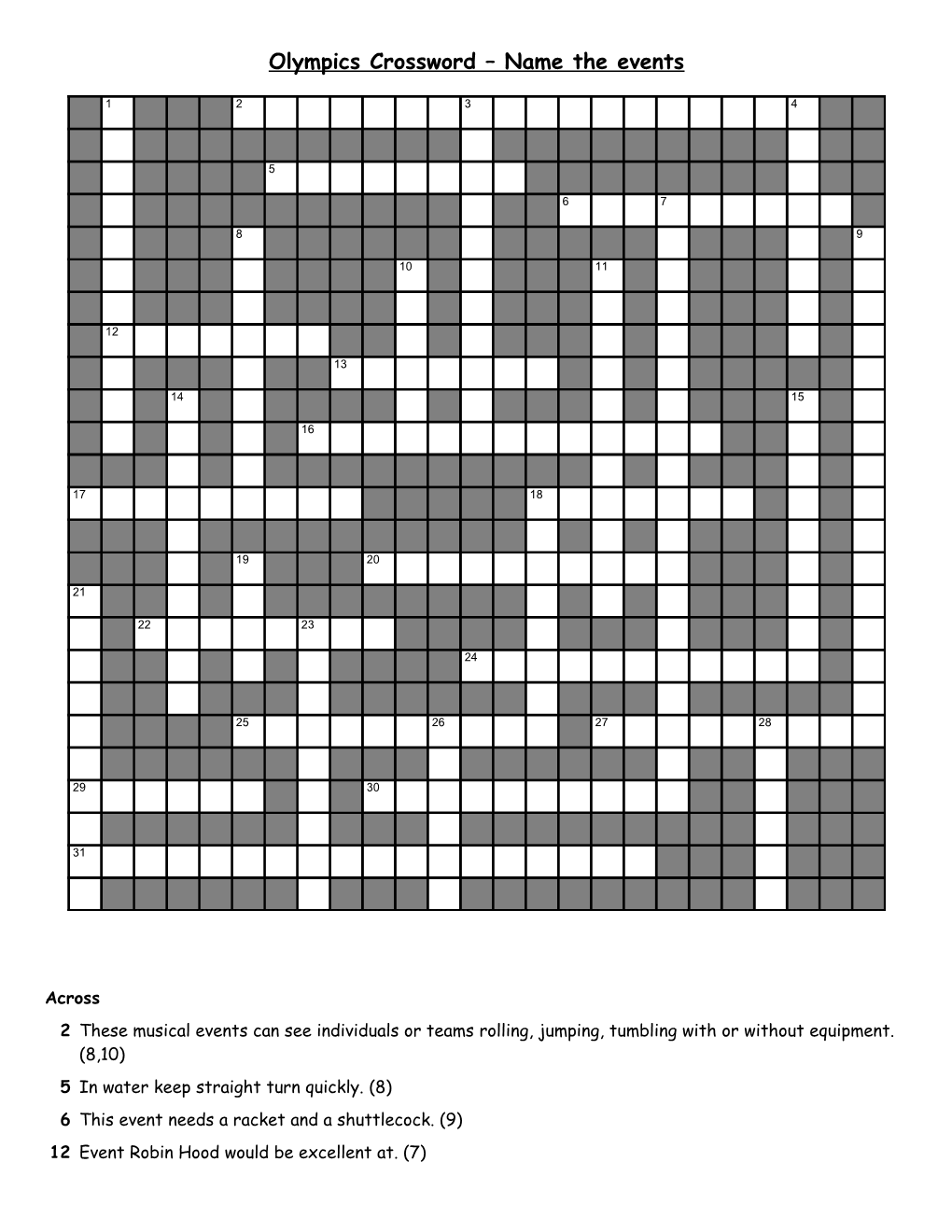 Olympics Crossword Name the Events