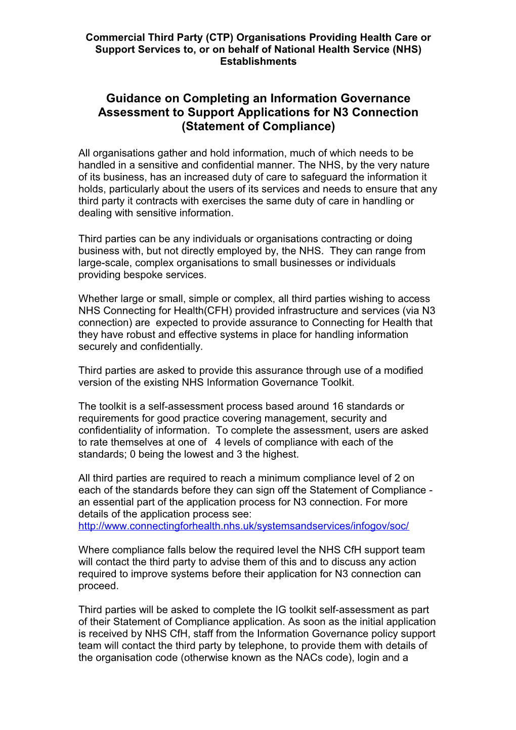 Non-NHS Organisations Statement of Compliance Information Governance Standards