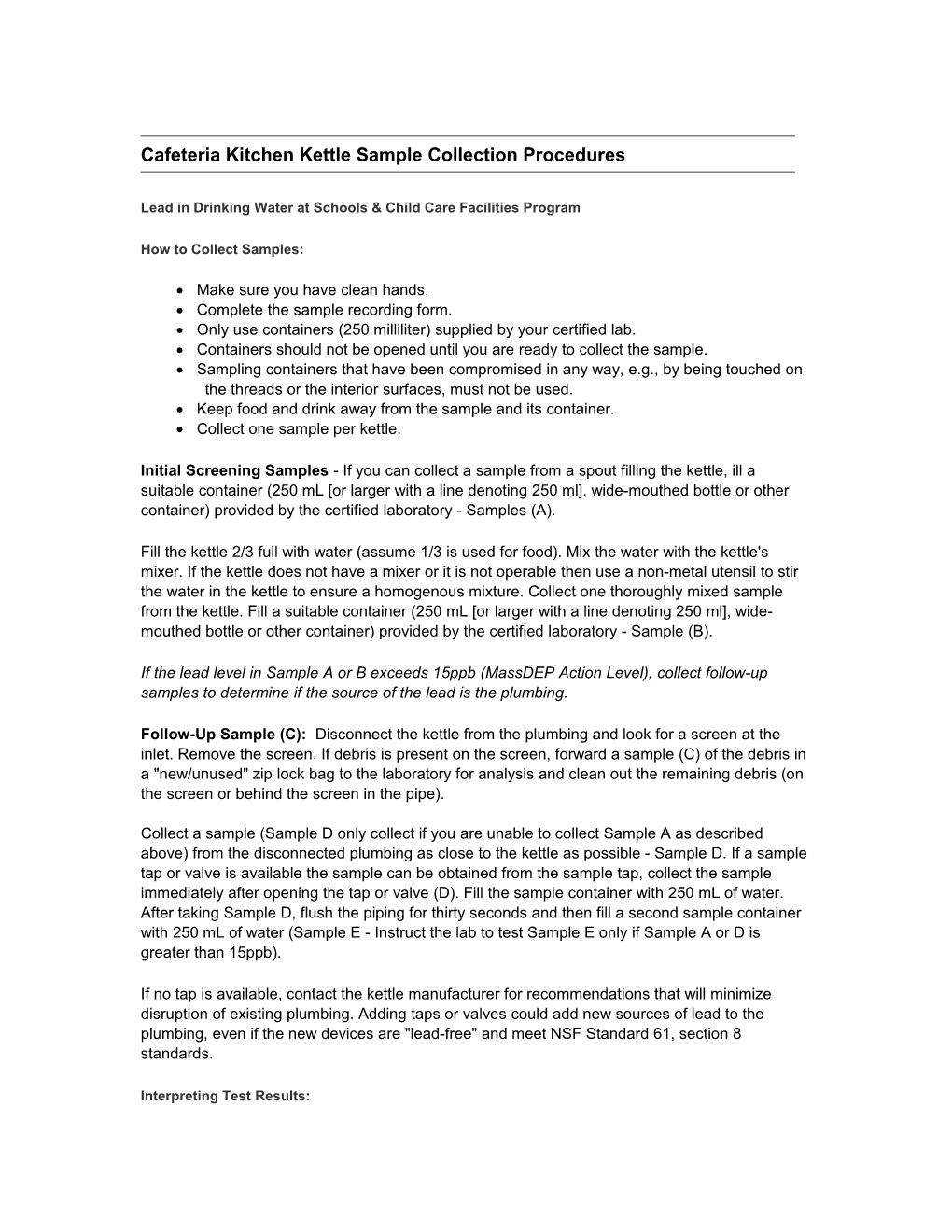 Cafeteria Kitchen Kettle Sample Collection Procedures