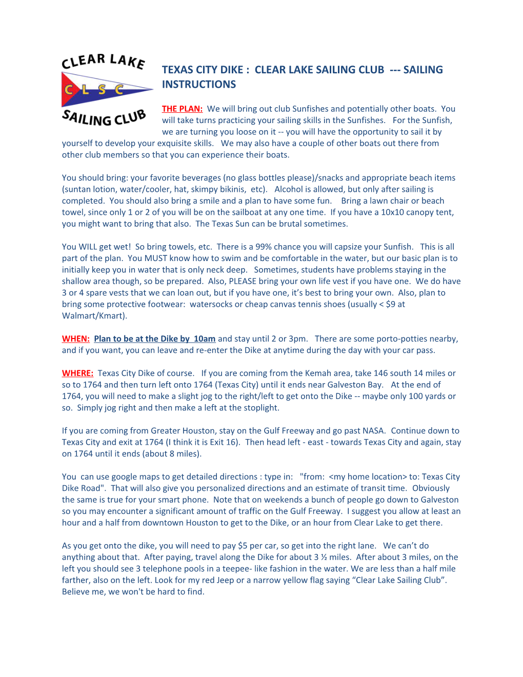 Texas City Dike : Clear Lake Sailing Club Sailing Instructions