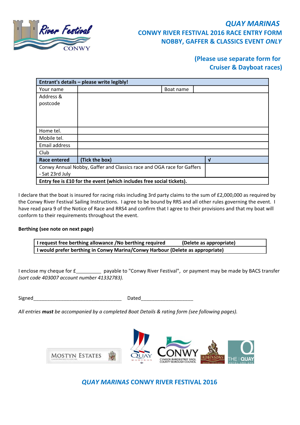 Conwy River Festival 2016 Race Entry Form