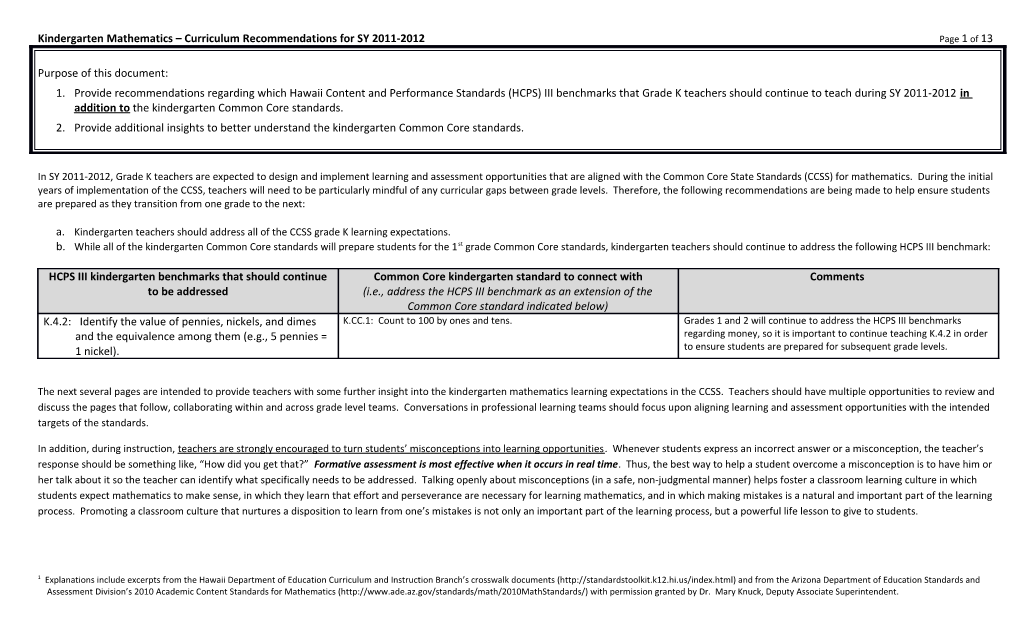 Kindergarten Mathematics Curriculum Recommendations for SY 2011-2012 Page 1 of 13