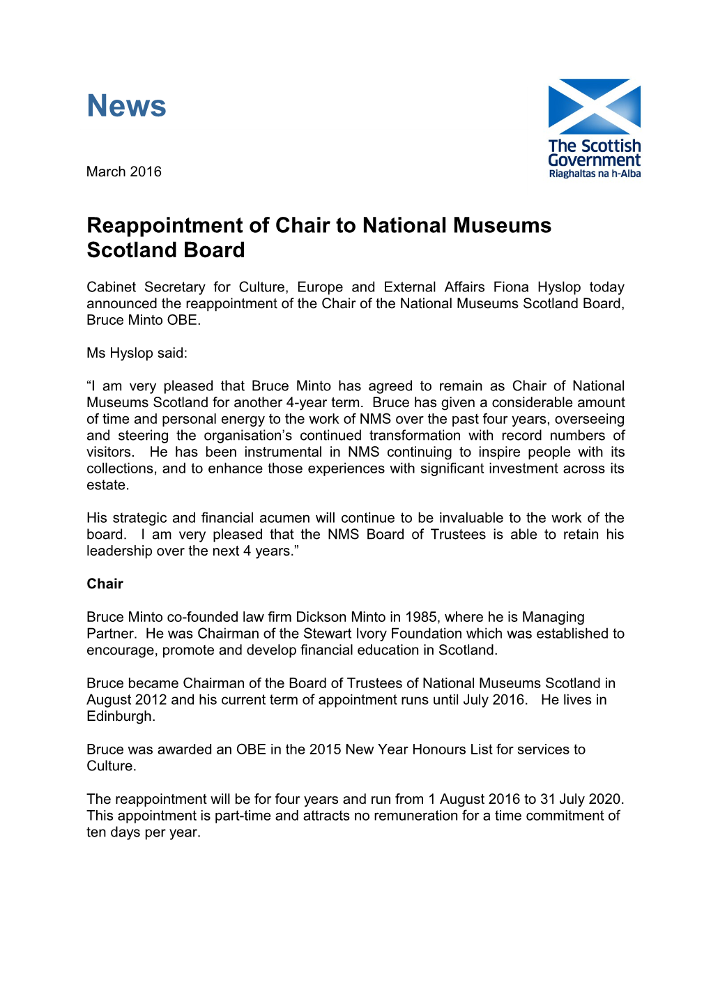 Reappointment of Chair to National Museums Scotland Board