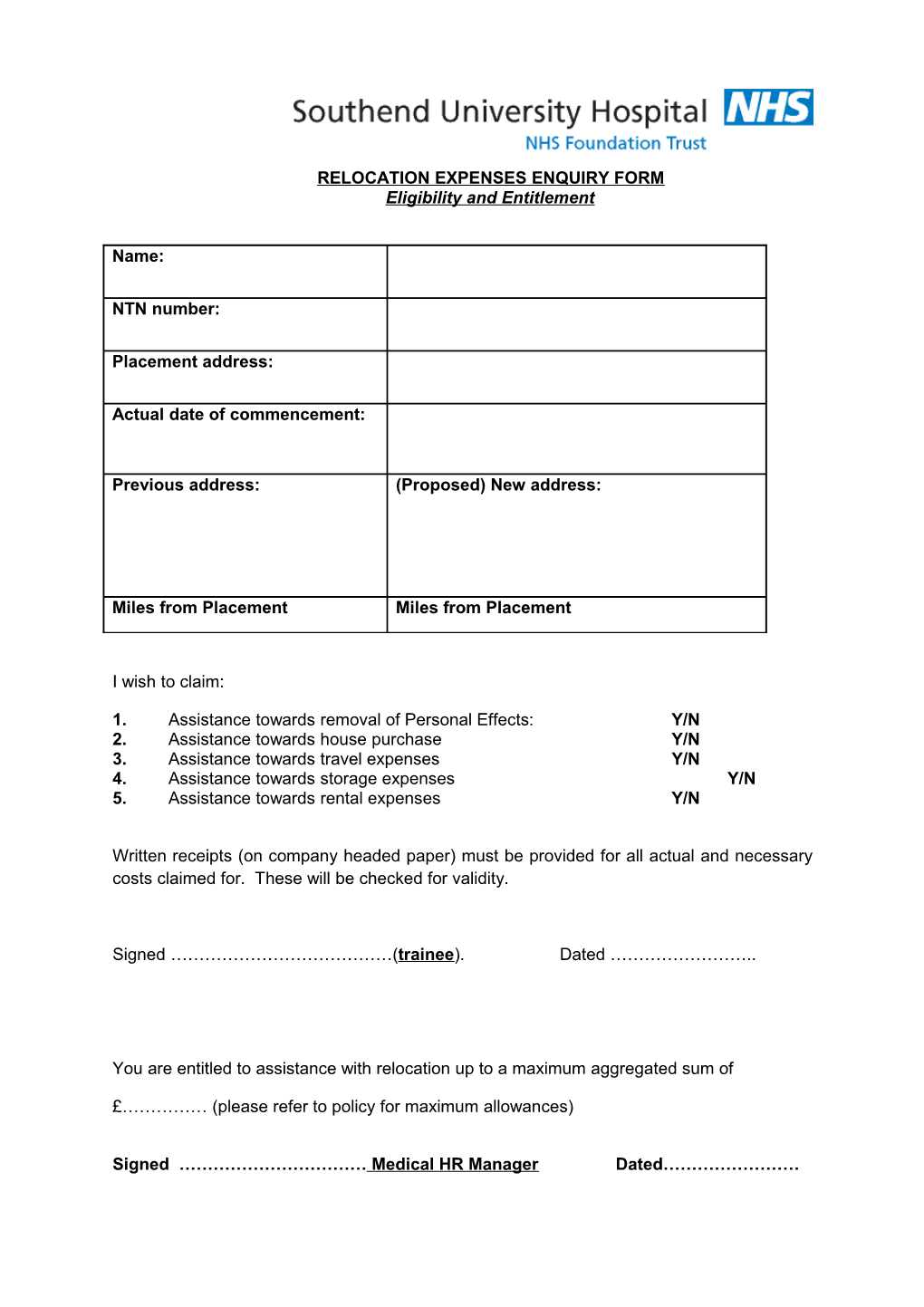 Relocation Expenses Enquiry Form