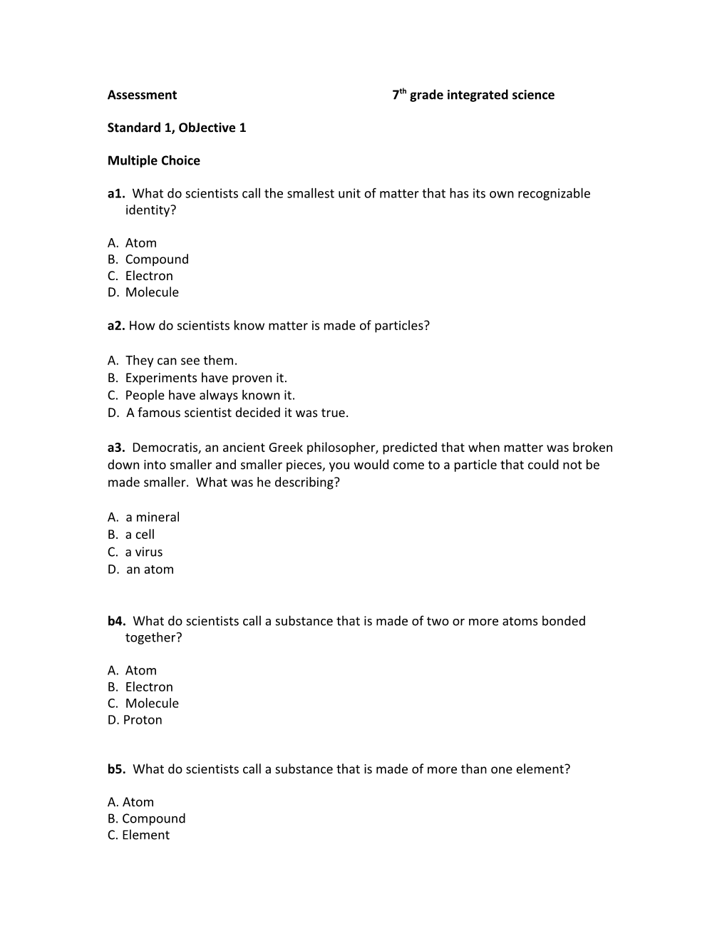 Assessment 7Th Grade Integrated Science