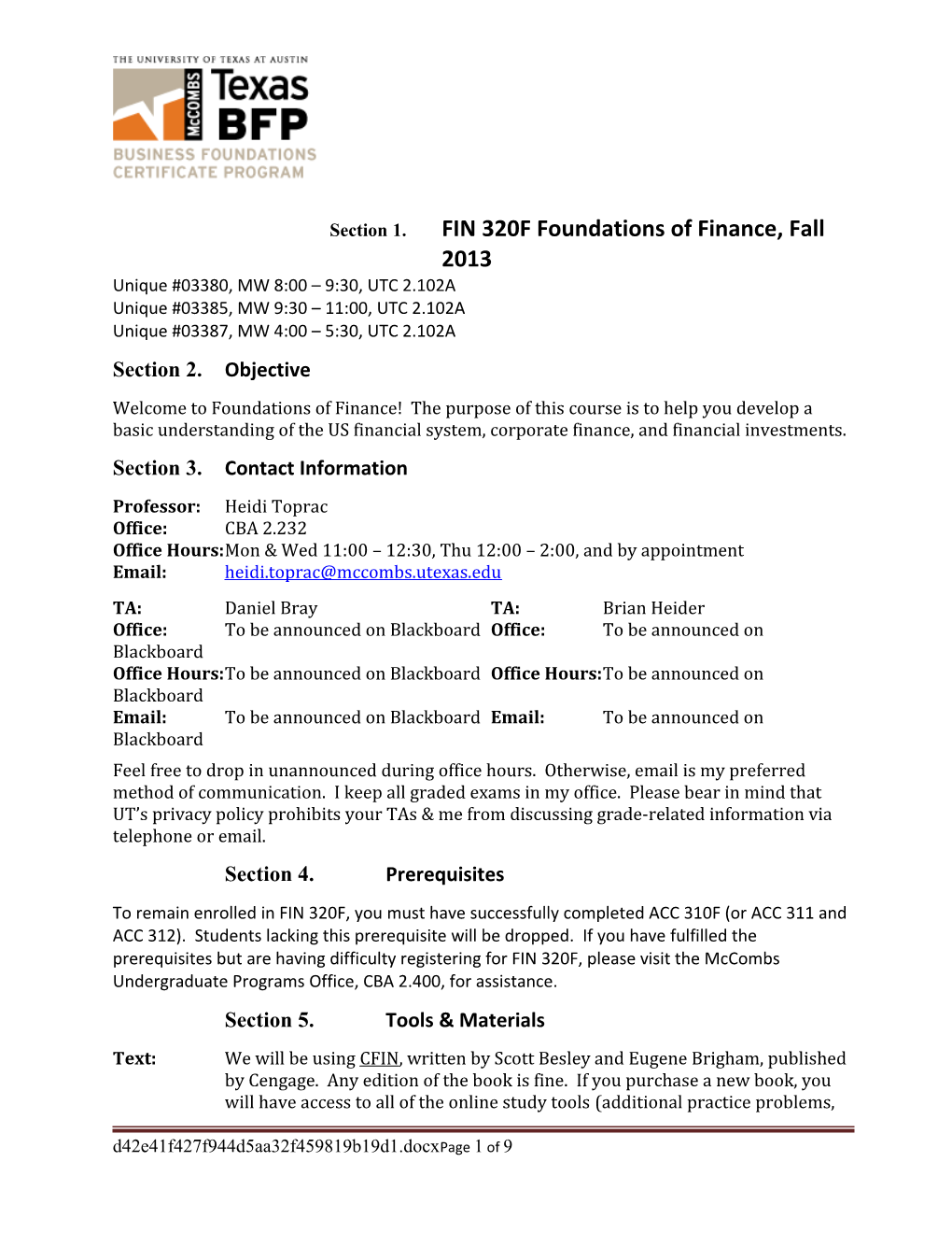 FIN 320F Foundations of Financefall 2013 Syllabus