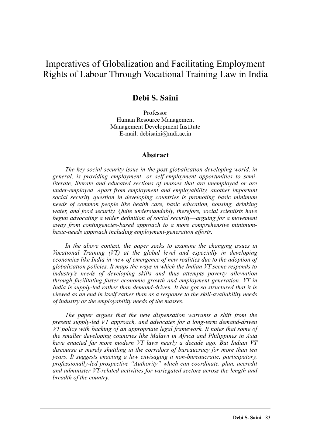 Imperatives of Globalization and Facilitating Employment Rights of Labour Through Vocational