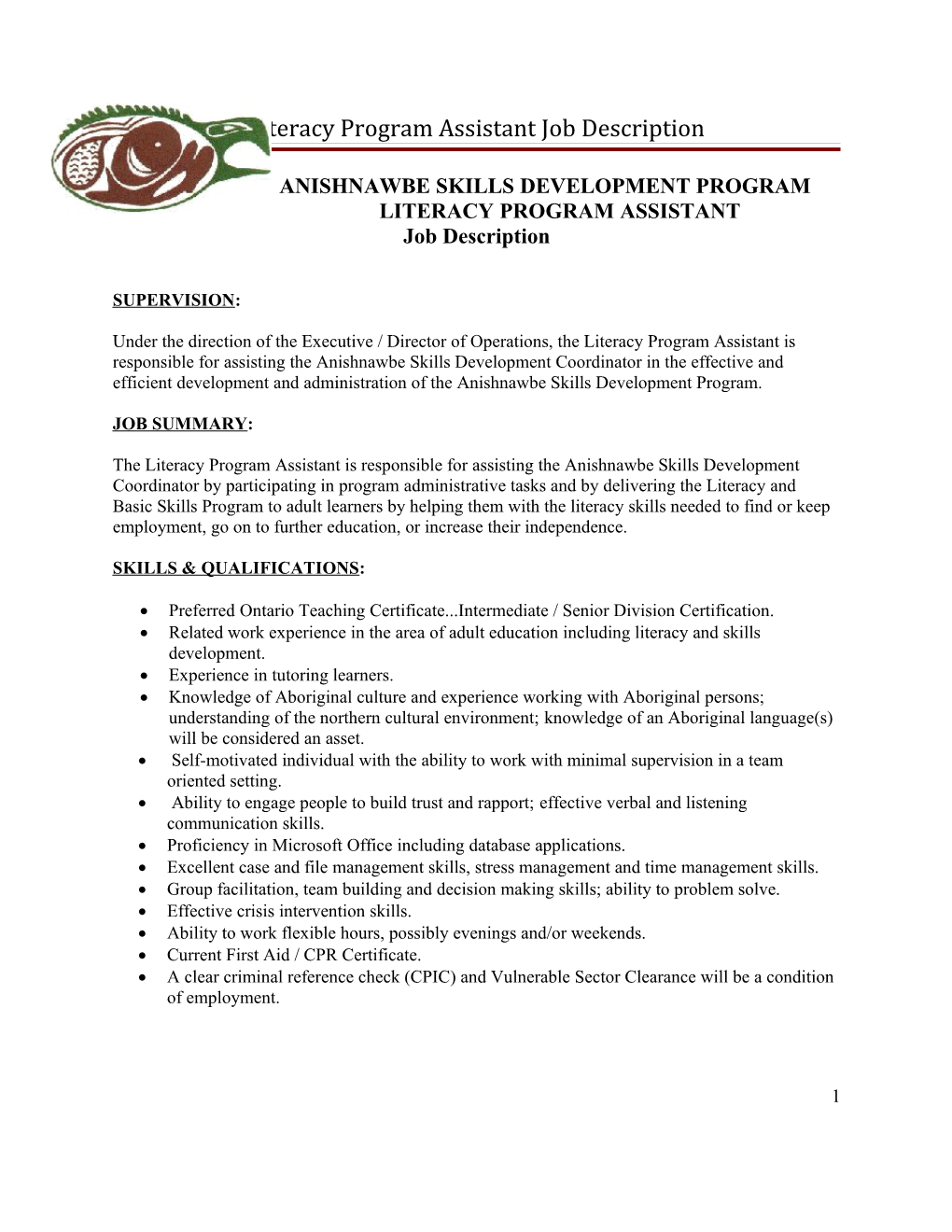 Literacy Program Assistant Job Description