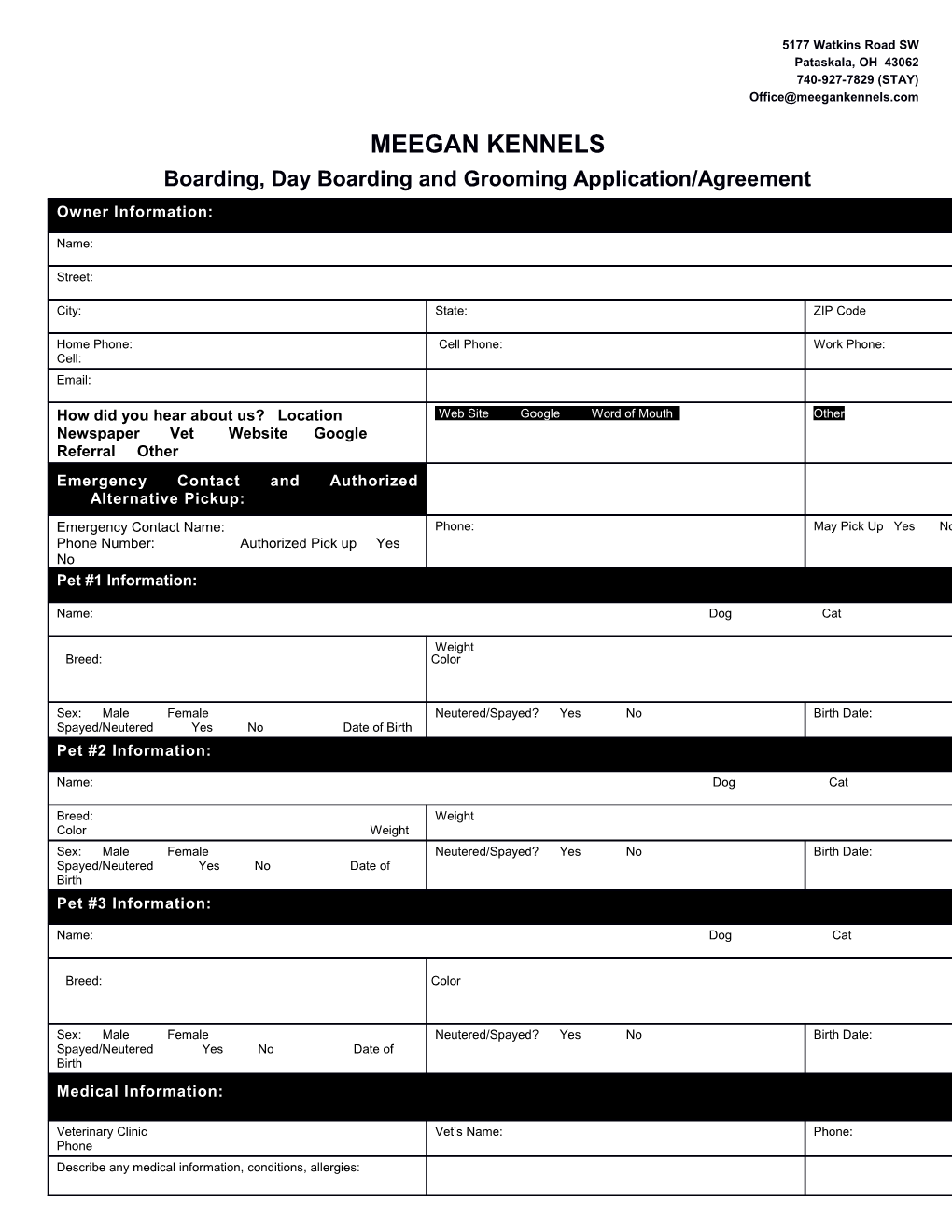 Boarding, Day Boarding and Grooming Application/Agreement