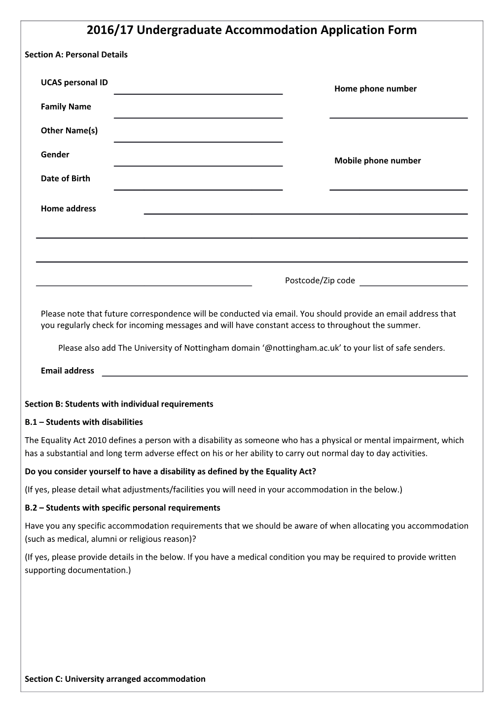 2016/17 Undergraduate Accommodation Application Form