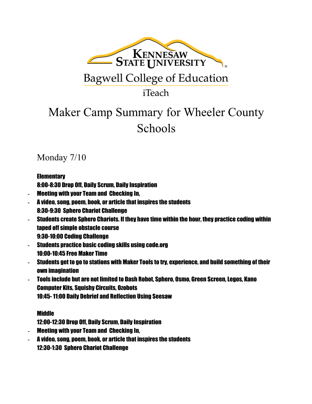 Maker Camp Summary for Wheeler County Schools