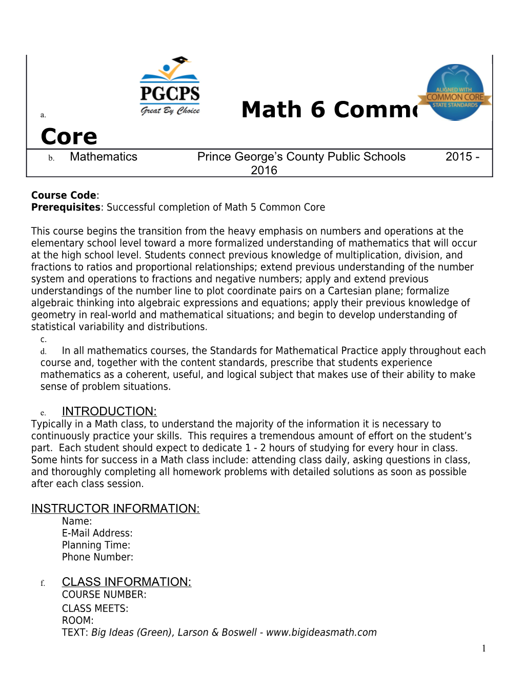 Mathematics Common Core Curriculum Map