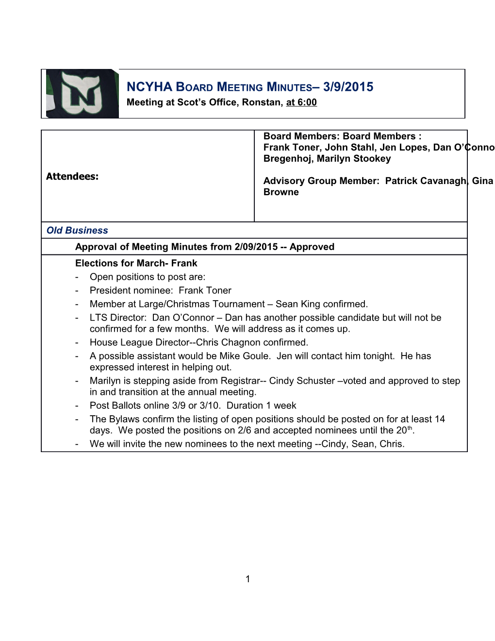 NCYHA Boardmeeting Minutes 3/9/2015