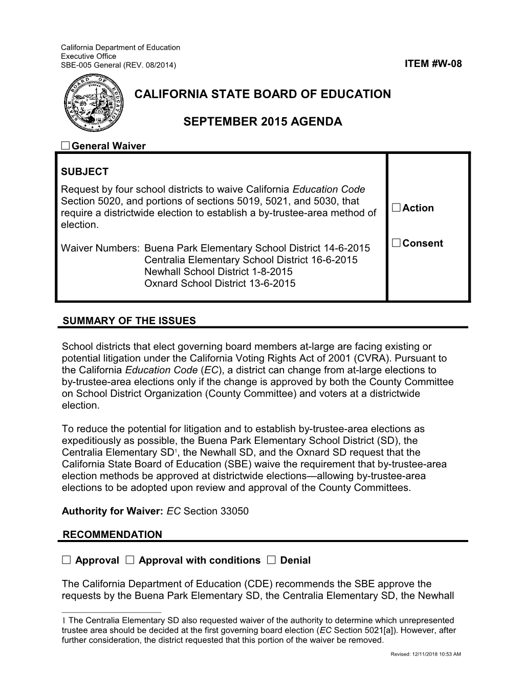 September 2015 Waiver Item W-08 Rev - Meeting Agendas (CA State Board of Education)