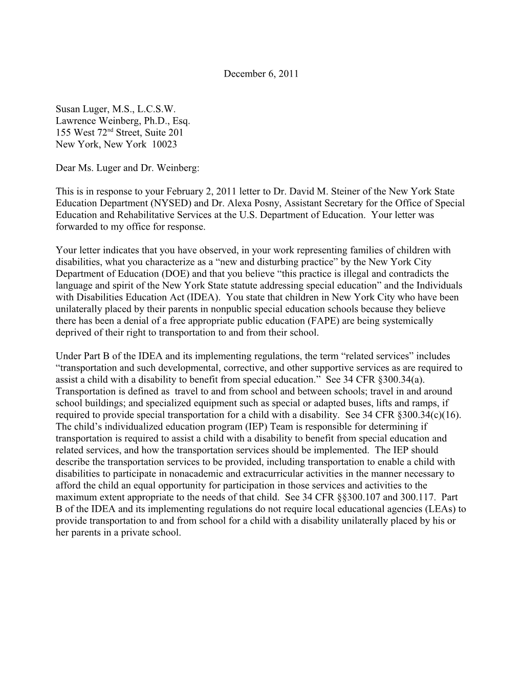 Luger Weinberg Letter Dated 12/06/11 Re Private School Transportation (Word)