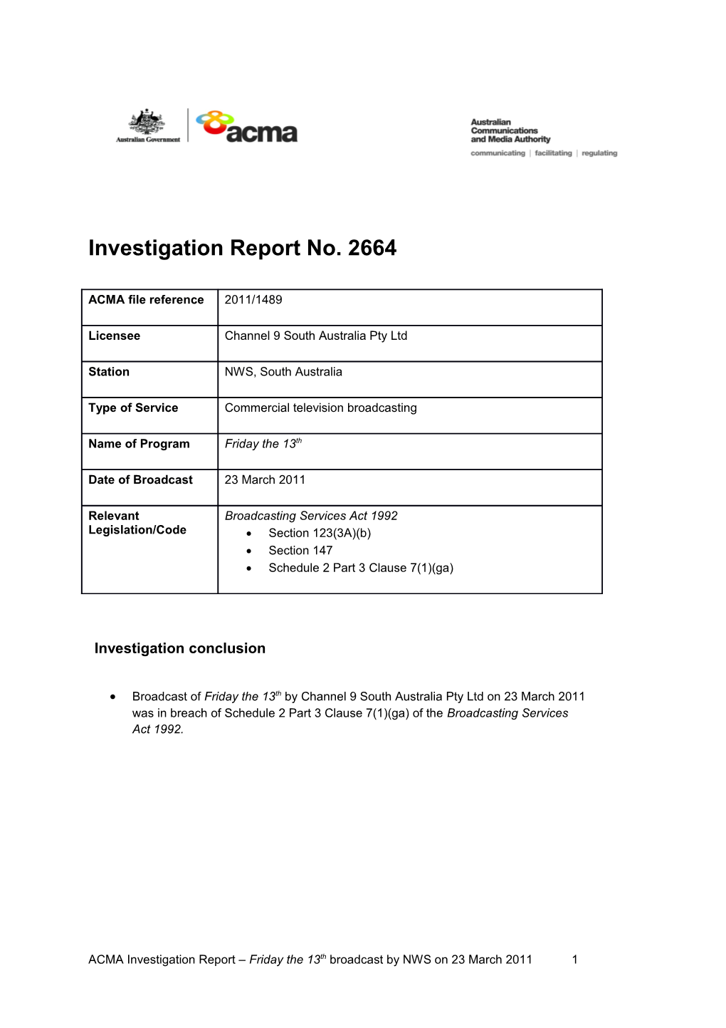 NWS - ACMA Investigation Report 2664