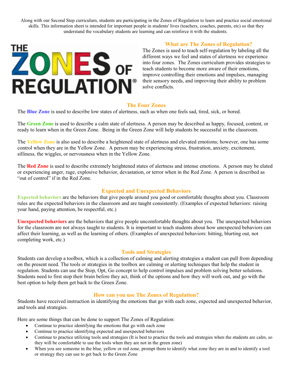 Along with Our Second Step Curriculum, Students Are Participating in the Zones of Regulation