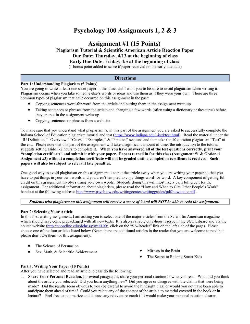 Plagiarism Tutorial & Scientific American Article Reaction Paper