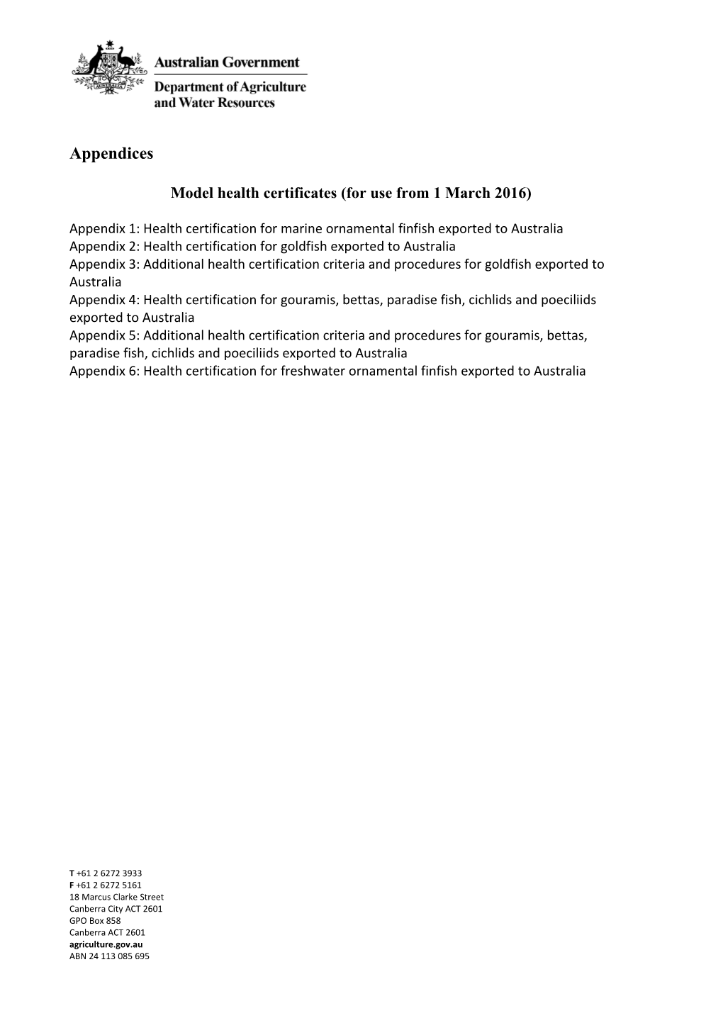 Model Health Certificates (For Use from 1 March 2016)