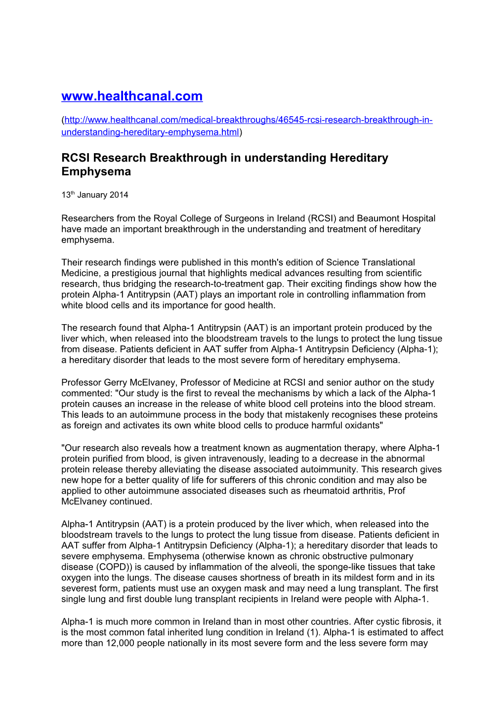 RCSI Research Breakthrough in Understanding Hereditary Emphysema