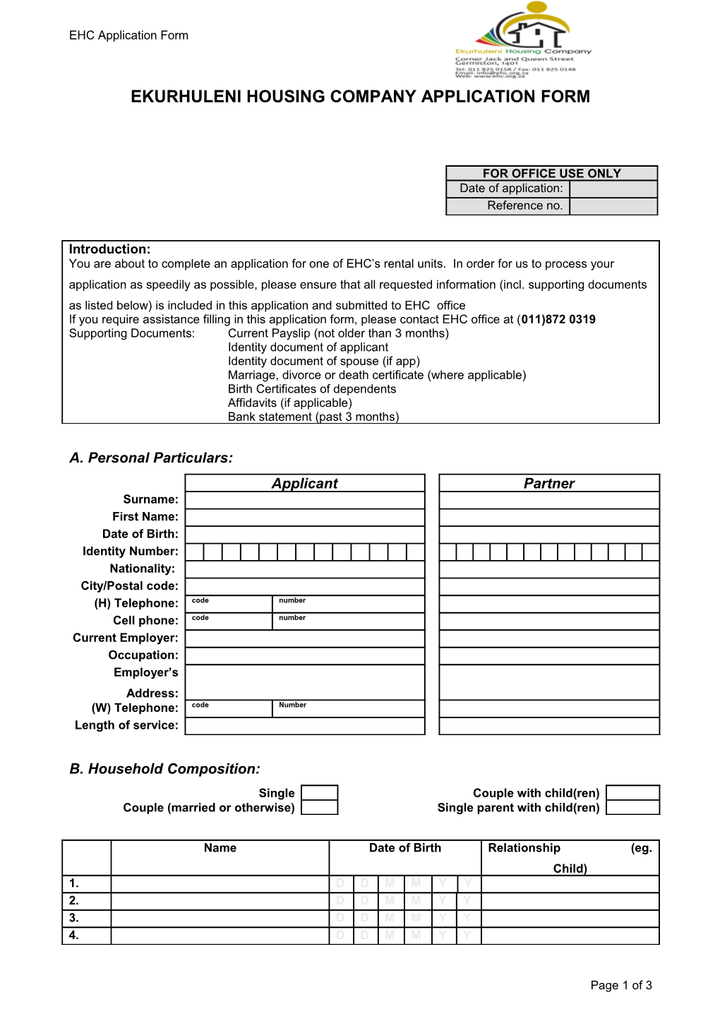 Ekurhuleni Housing Company Application Form