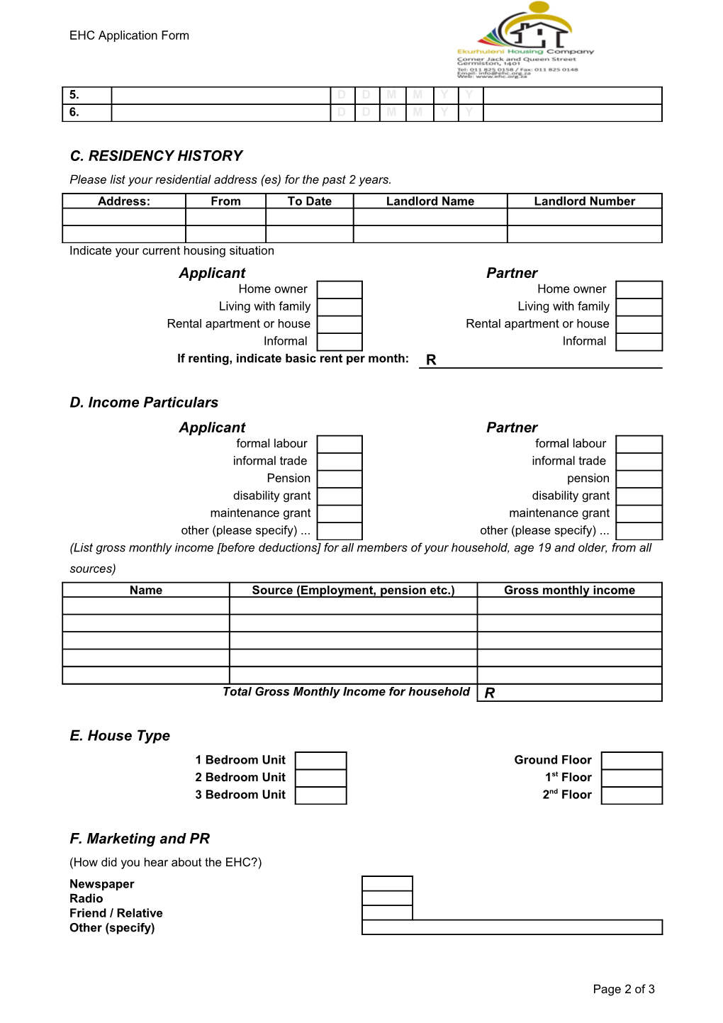 Ekurhuleni Housing Company Application Form