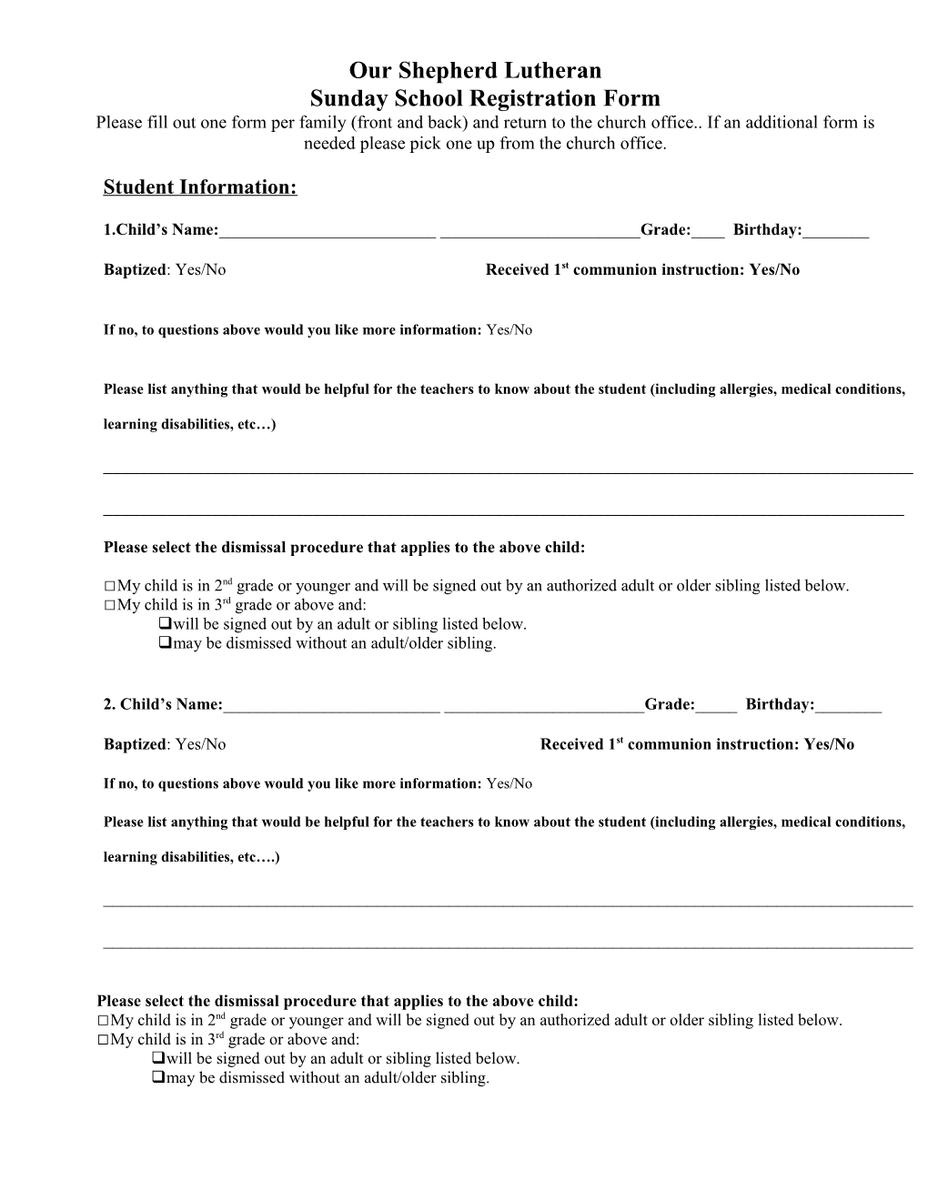 Sunday School Registration Form