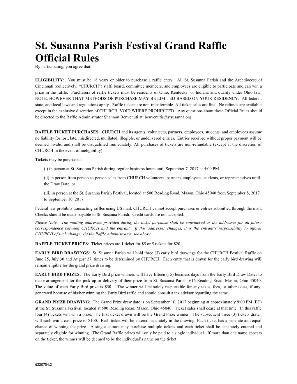 St. Susanna Parish Festival Grand Raffle Official Rules by Participating, You Agree That