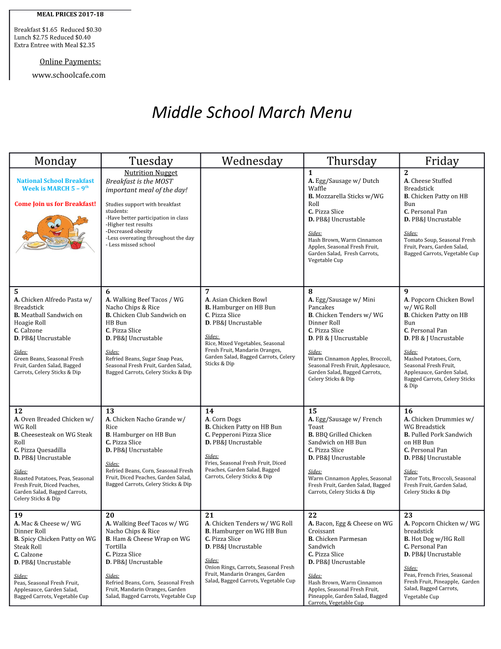 Middle Schoolmarch Menu