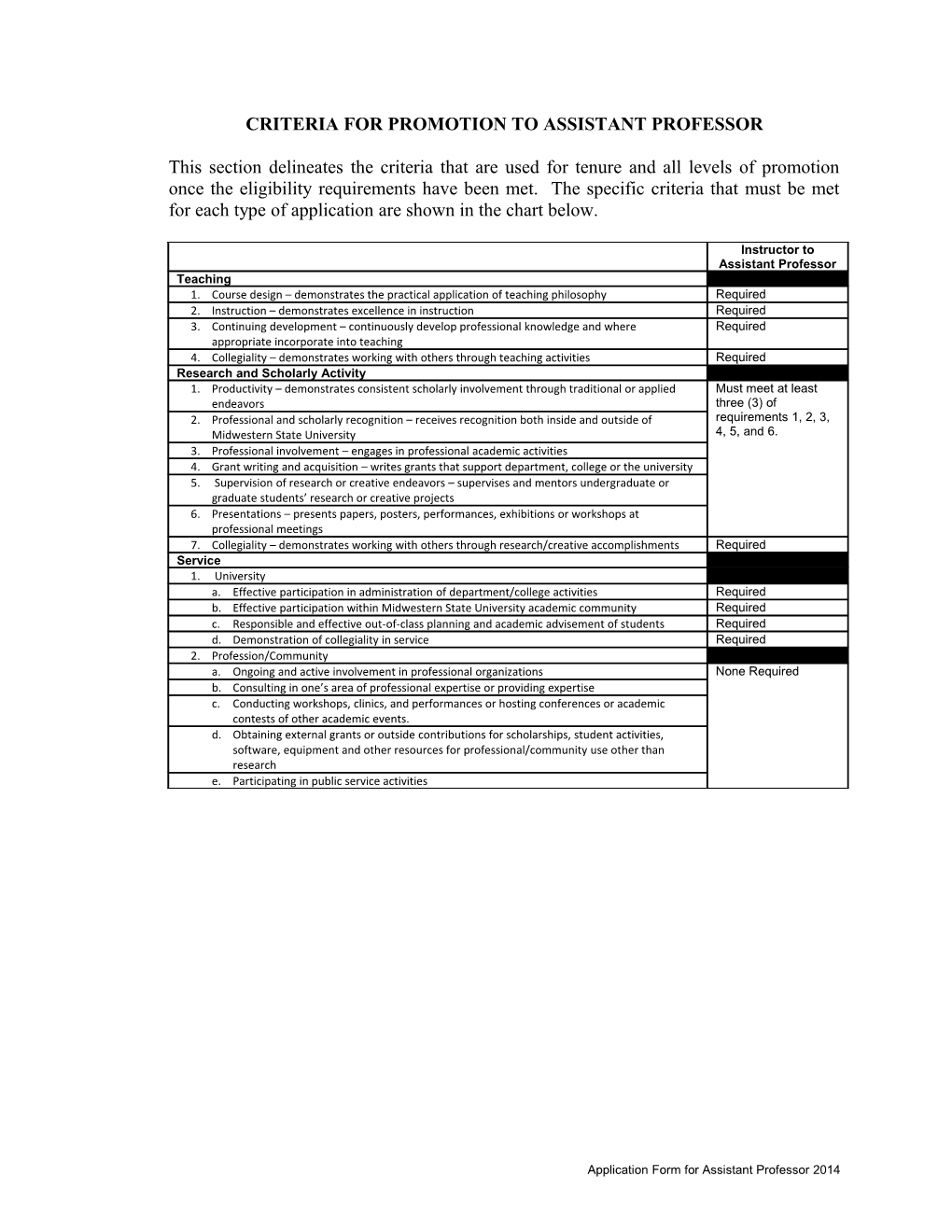 Criteria for Promotion to Assistant Professor