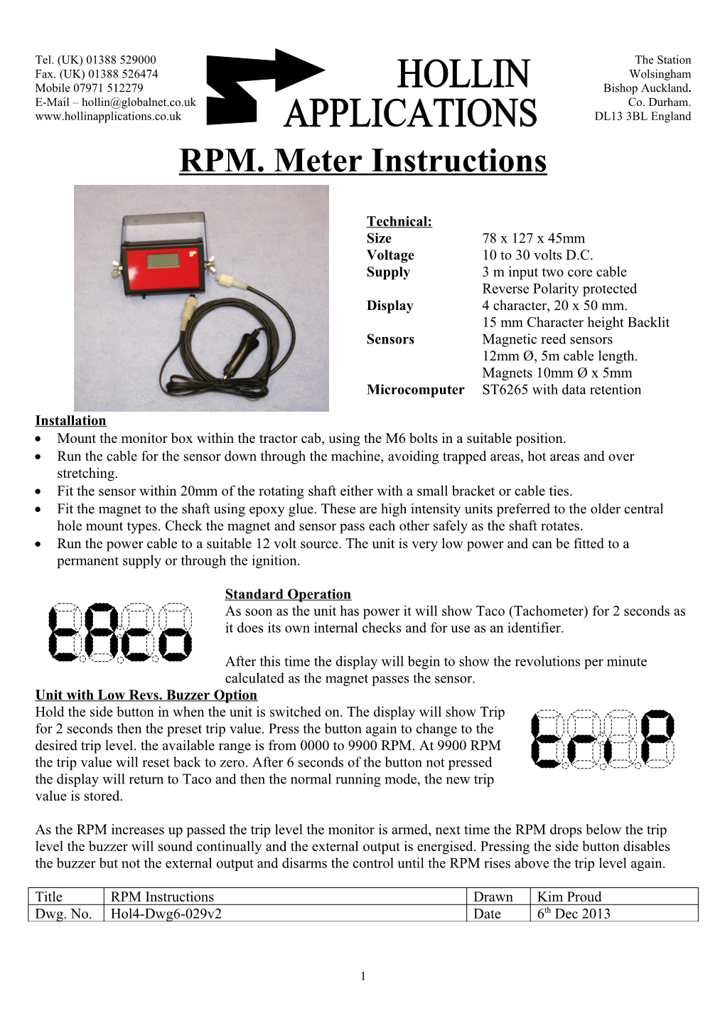 RPM. Meter Instructions