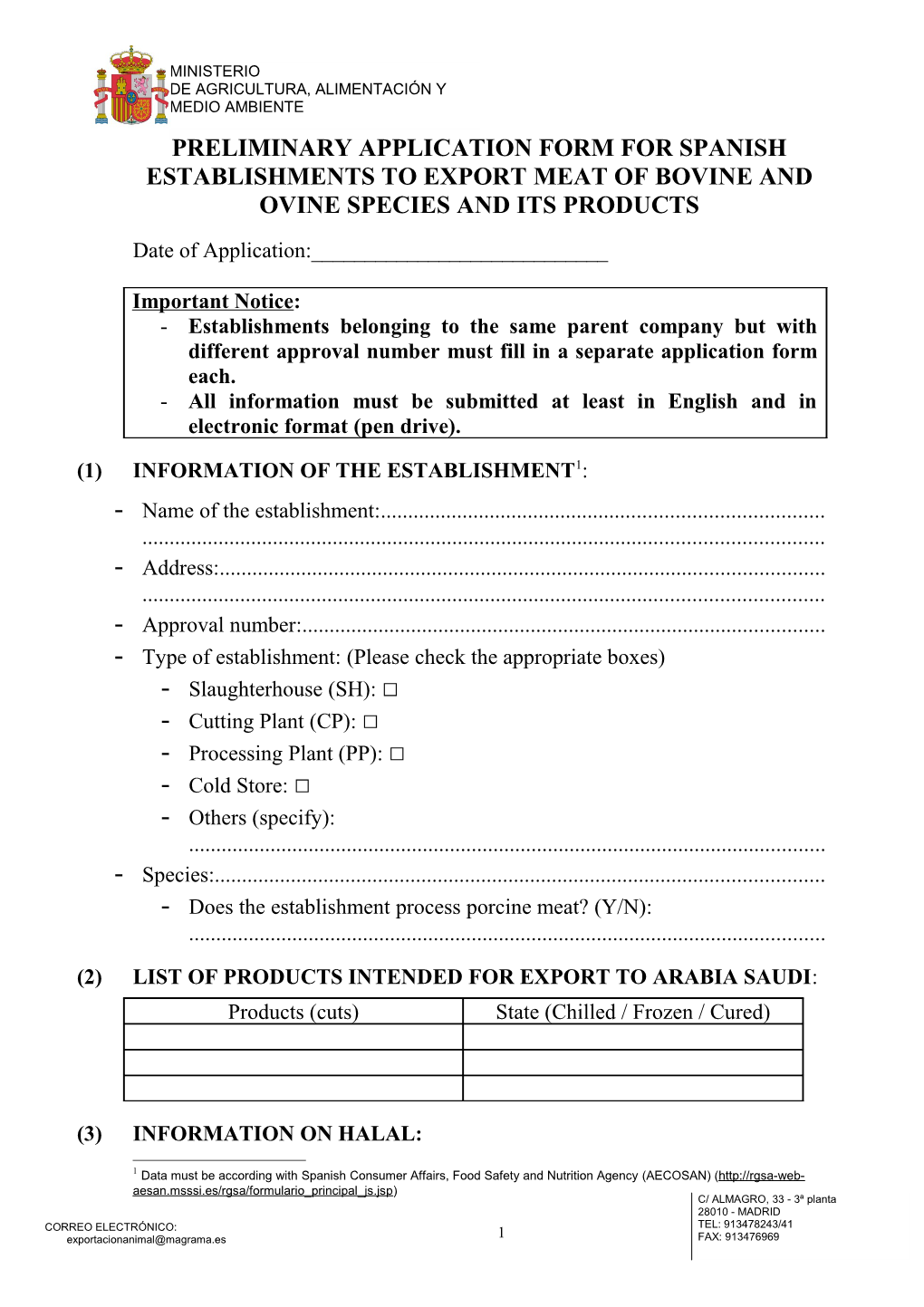 Preliminary Application Form for Spanish Establishments to Export Meat of Bovine and Ovine