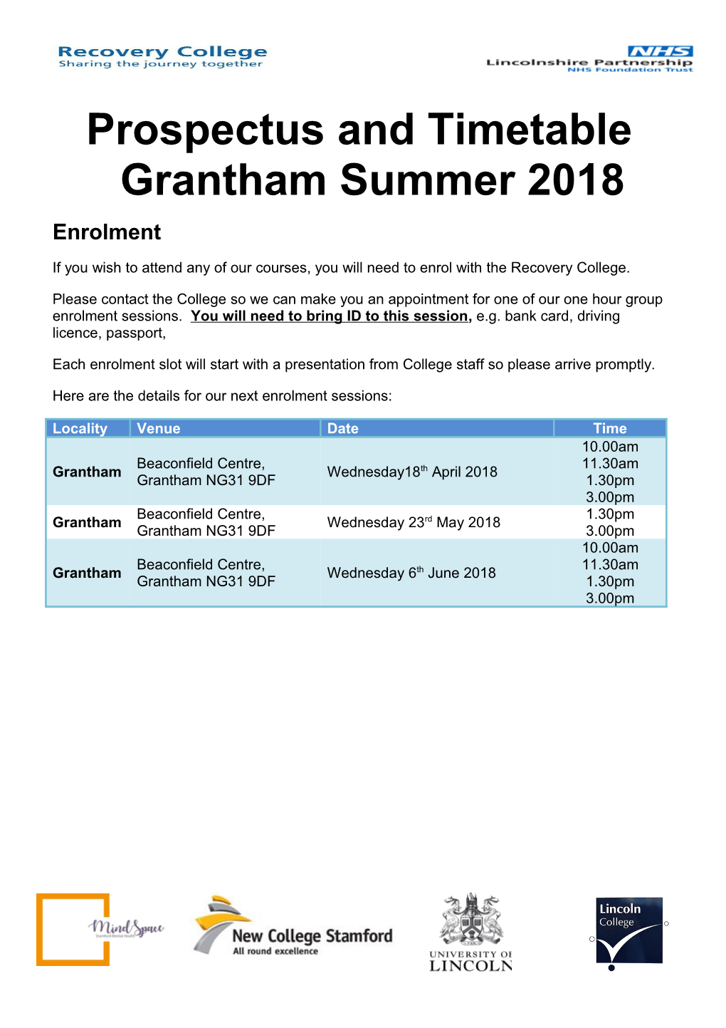 Prospectus and Timetable Granthamsummer 2018