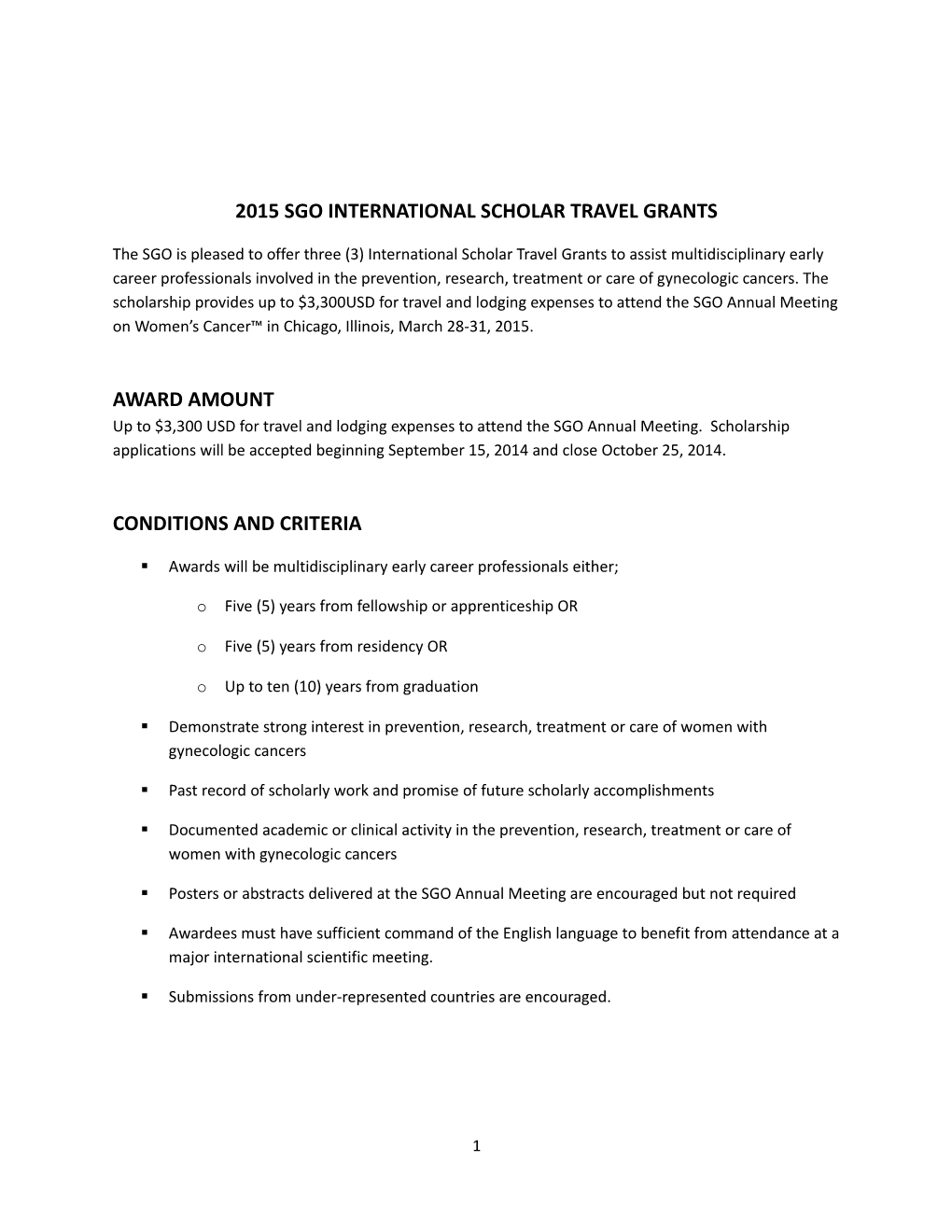 2015 SGO International SCHOLAR TRAVEL Grants