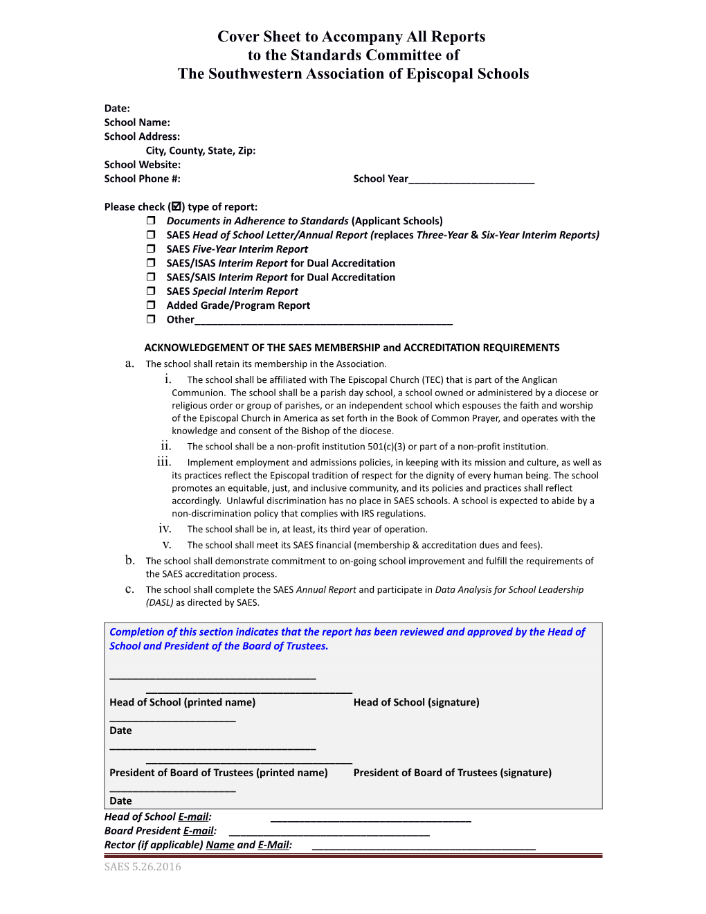 Cover Sheet to Accompany All Reports to the Standards Committee Of