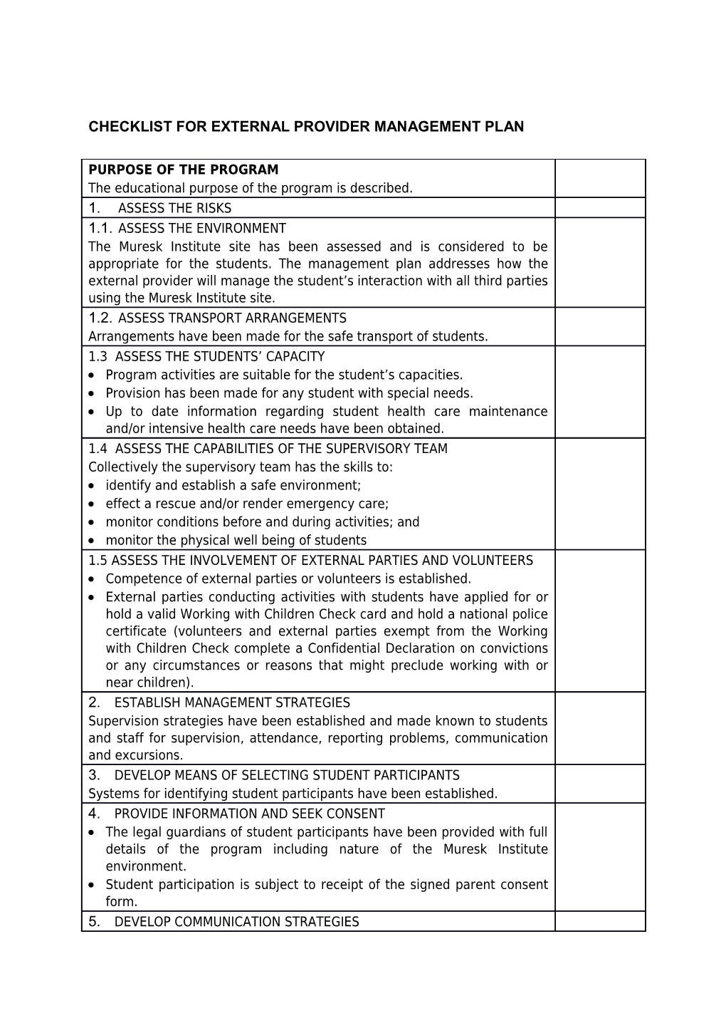 Checklist for External Provider Management Plan