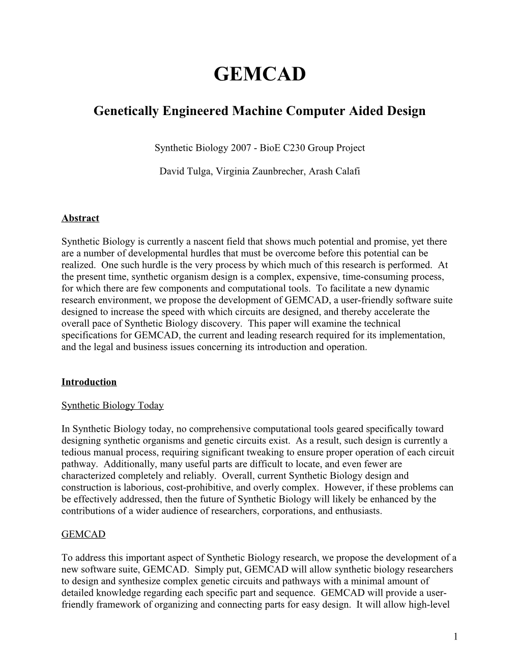 Synthetic Biology 2007 - Bioe C230 Group Project