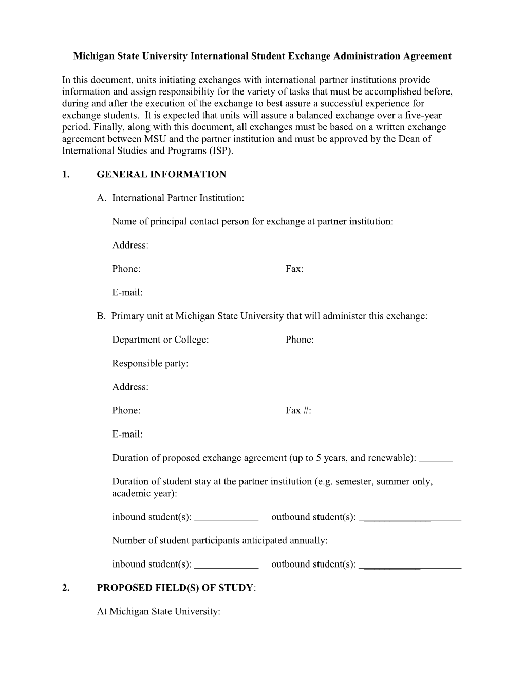 Michigan State University International Student Exchange Administration Agreement