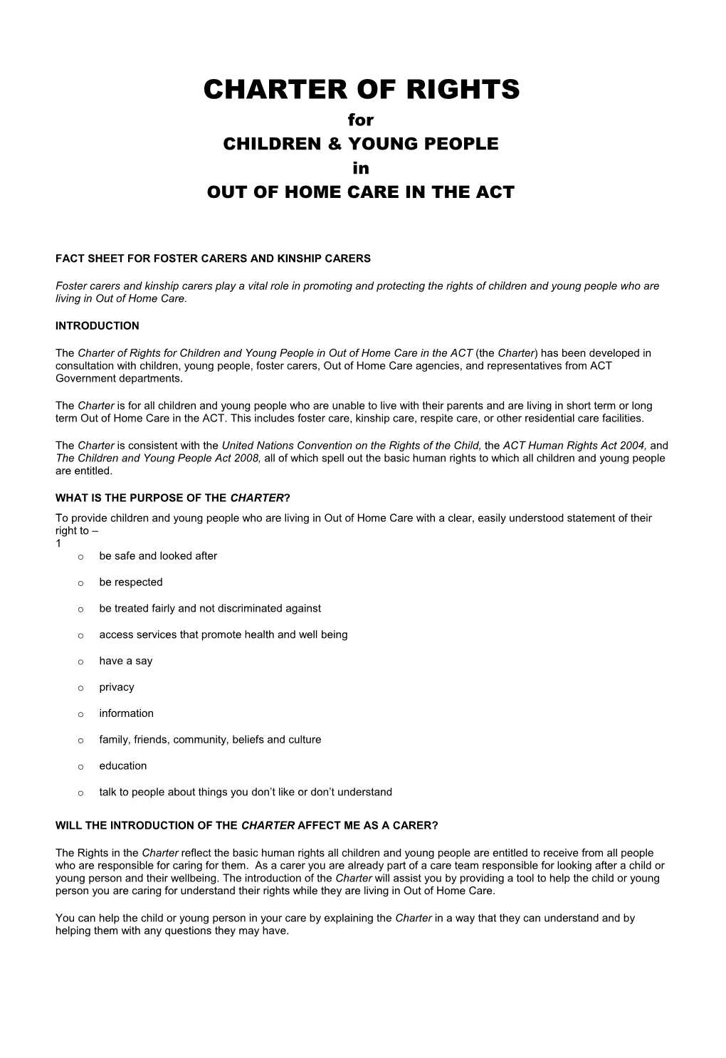 Charter of Rights for Children and Young People in out of Home Care in the ACT - Carers