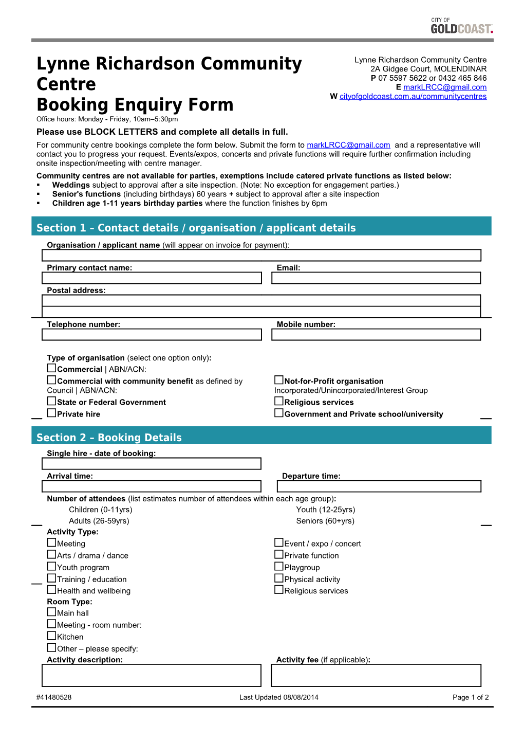 Community Centre Booking Enquiry Form